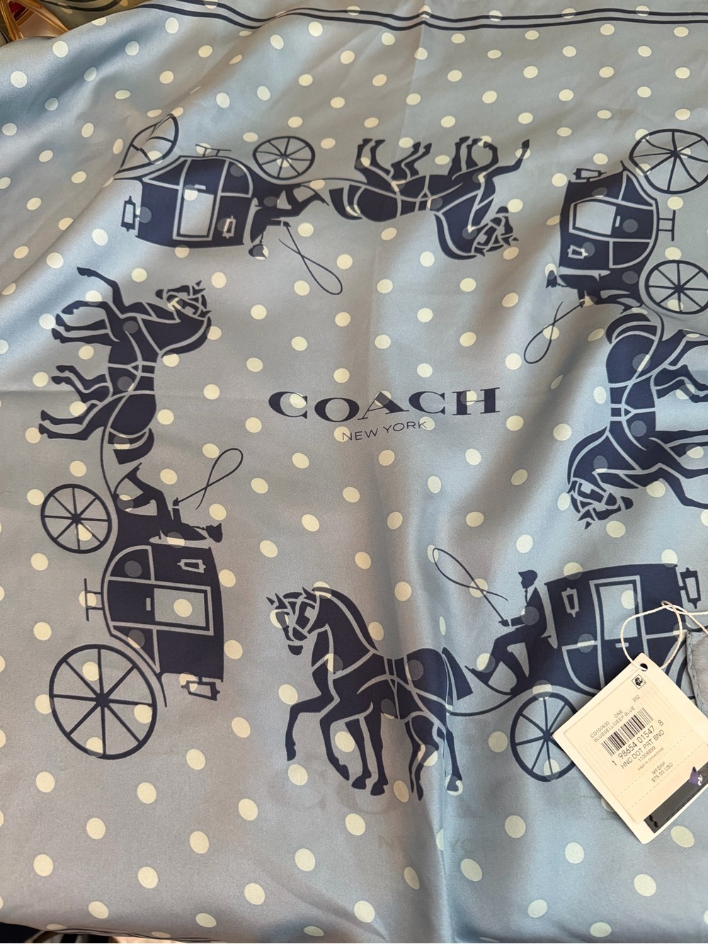 Coach BlueBell and Navy w Polka Dots & Carriage 100% Silk Scarf NWT HTF Sold Out